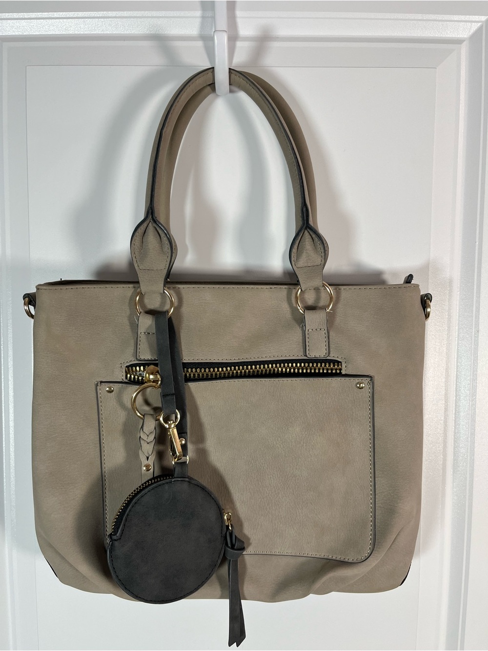 Tote Handbag Taupe Greige Convertible With Gold Zip Expandable Sides, Coin Purse